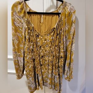 Free People Gold Floral Smocked Blouse